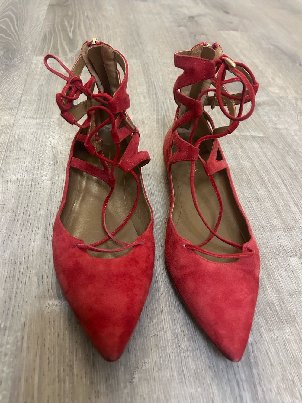 Aquazzura Women’s Red Suede Lace-Up Pointed Flats US 10